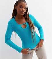 New Look Turquoise Towelling Cut Out Long Sleeve Top